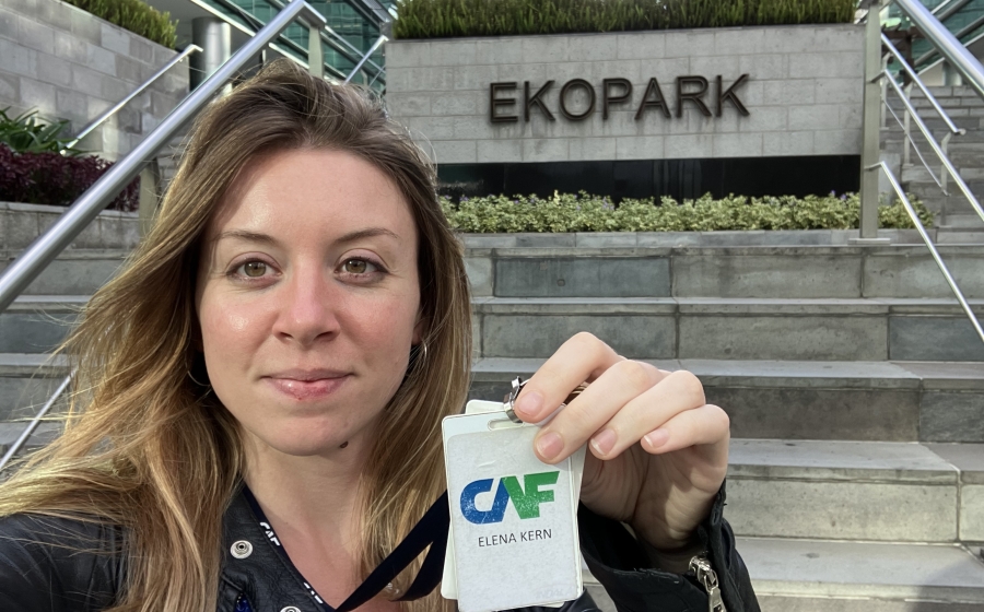Kern posing for a selfie outside the CAF building in Quito, Ecuador