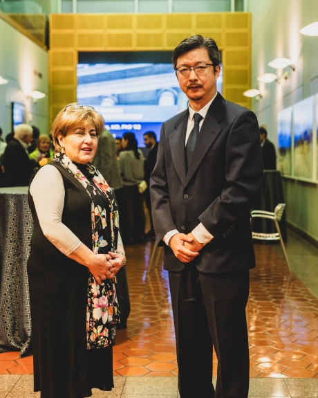 Elizabeth Walder and Jiou Wang visit during the reception which was held in the School's atrium