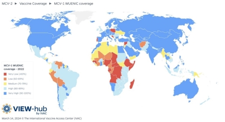 Map displaying country level coverage of measle containing vaccines