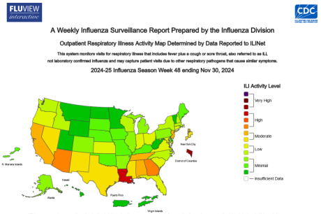 US map shows influenza-like illness (ILI) activity by state