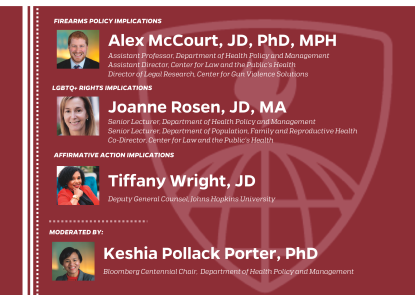 Public Health and the Supreme Court flyer. Join us for a discussion about the public health implications of Supreme Court decisions on firearms, LGBTQ+ rights, and affirmative action. Tuesday, October 31, 2023 from 12:15 to 1:20 p.m. in Sommer Hall.