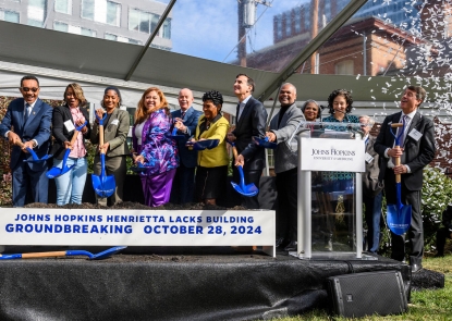 The Welch Center's Dr. Lisa Cooper and other event attendees break ground on the new Henrietta Lacks building.